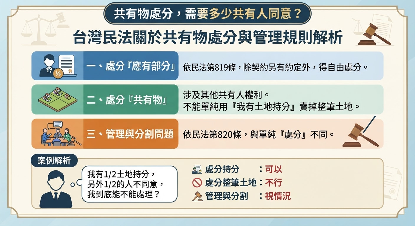 台灣民法關於共有物處分與管理規則解析圖解